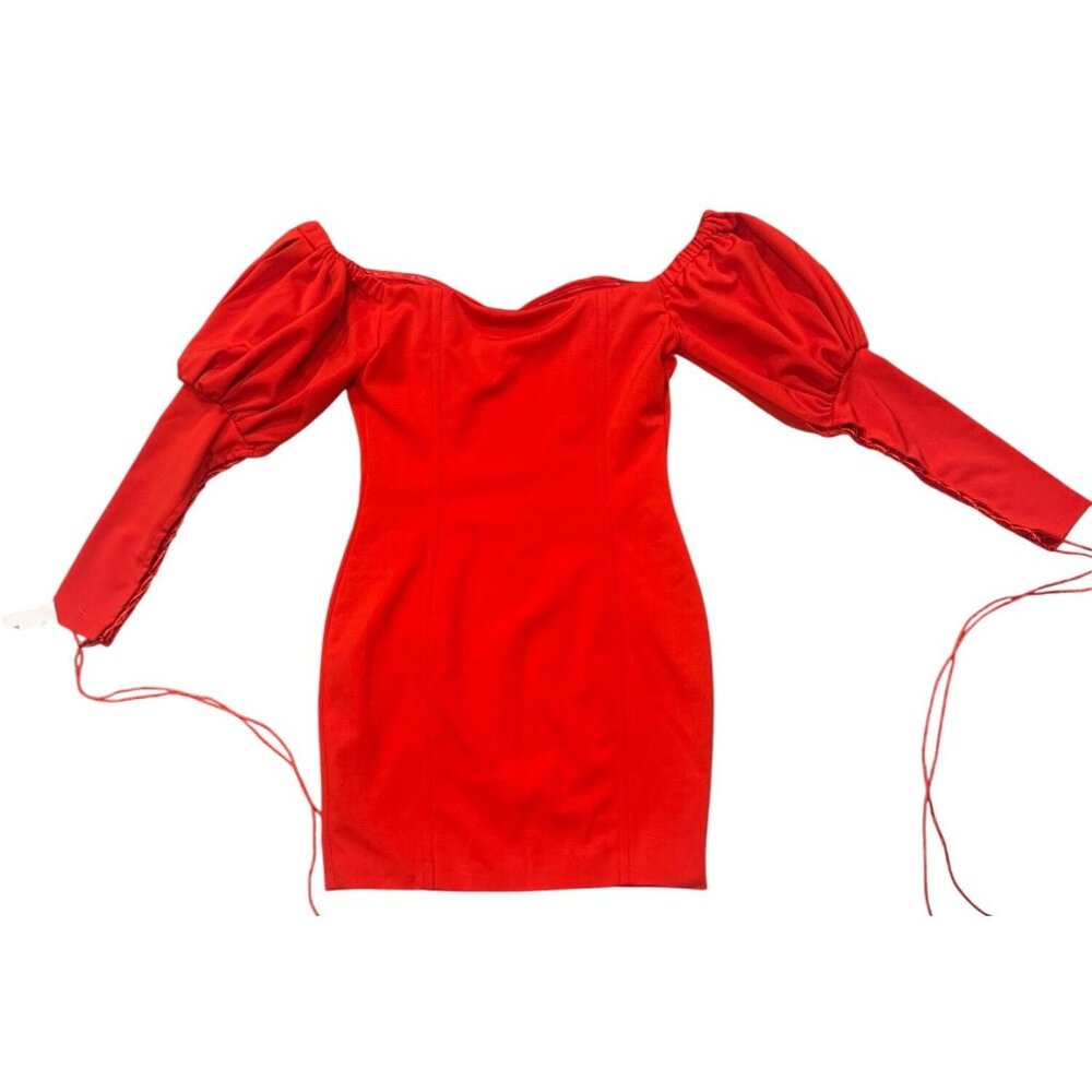 Off-Shoulder Red Dress W/ Puff Sleeves Zip Front Tie Detail Size S Miss Circle P - Picture 6 of 8
